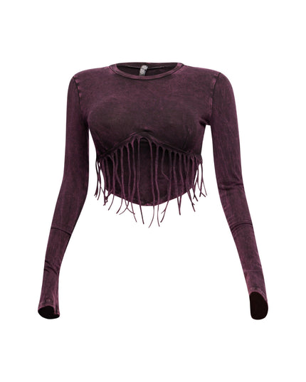 Mineral washed fringe front detailed long sleeve top - Muvin 