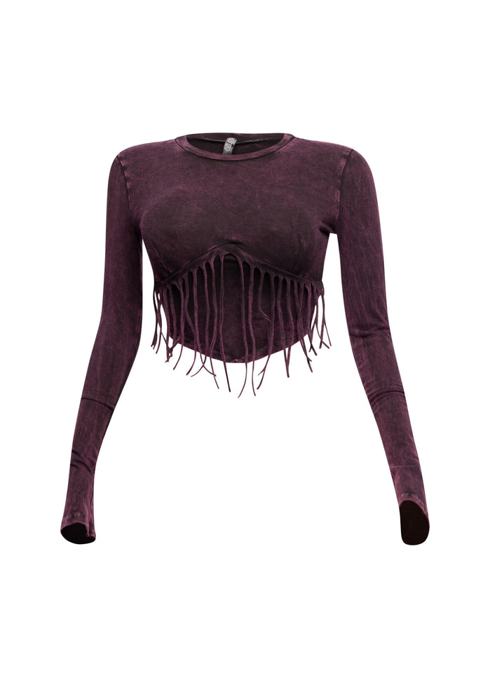 Mineral washed fringe front detailed long sleeve top - Muvin 