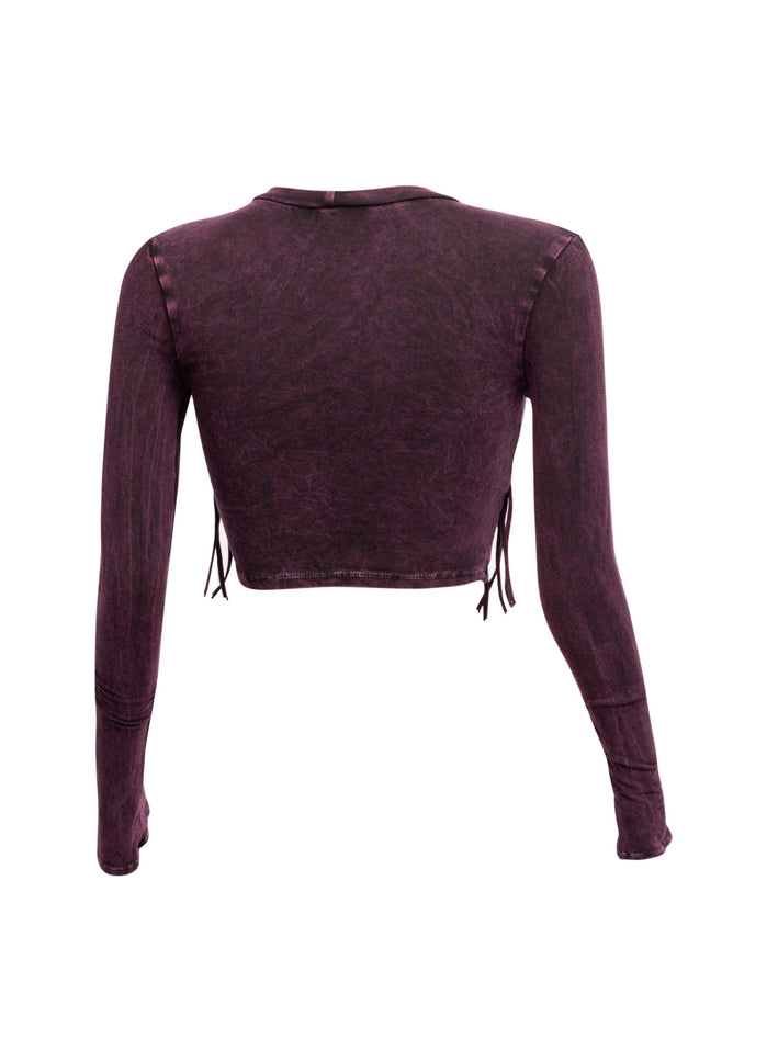 Mineral washed fringe front detailed long sleeve top - Muvin 