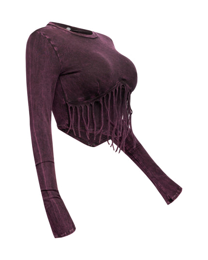Mineral washed fringe front detailed long sleeve top - Muvin 