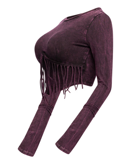 Mineral washed fringe front detailed long sleeve top - Muvin 