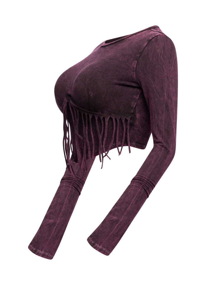 Mineral washed fringe front detailed long sleeve top - Muvin 