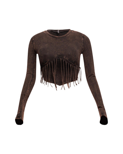 Mineral washed fringe front detailed long sleeve top - Muvin 