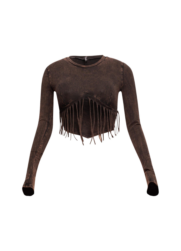Mineral washed fringe front detailed long sleeve top - Muvin 