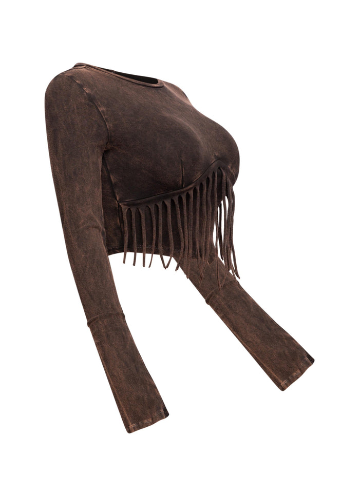Mineral washed fringe front detailed long sleeve top - Muvin 