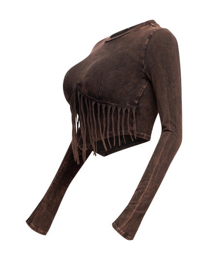 Mineral washed fringe front detailed long sleeve top - Muvin 