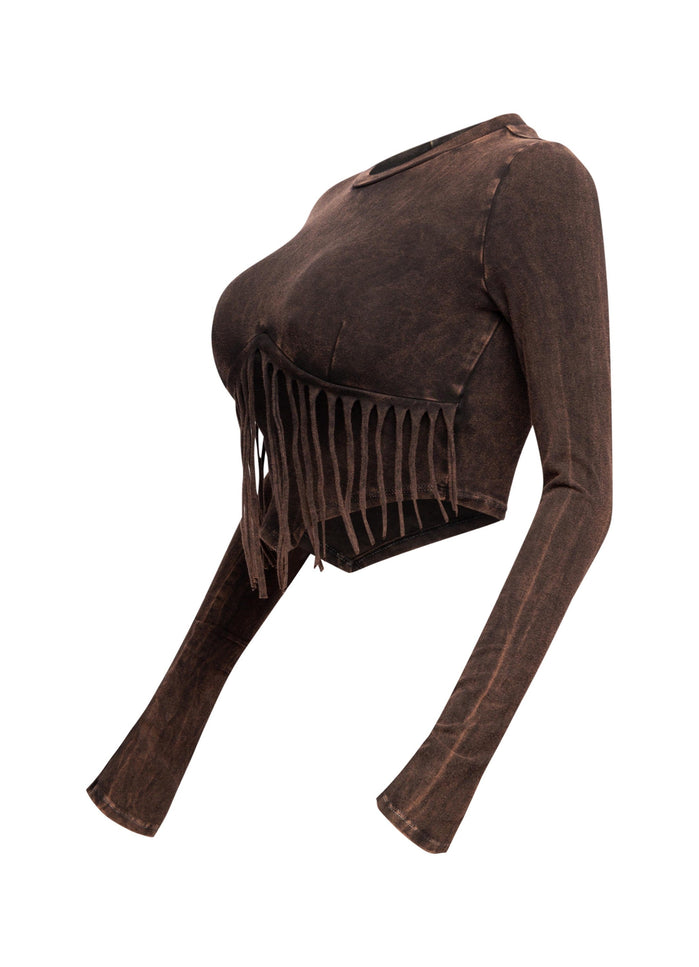 Mineral washed fringe front detailed long sleeve top - Muvin 