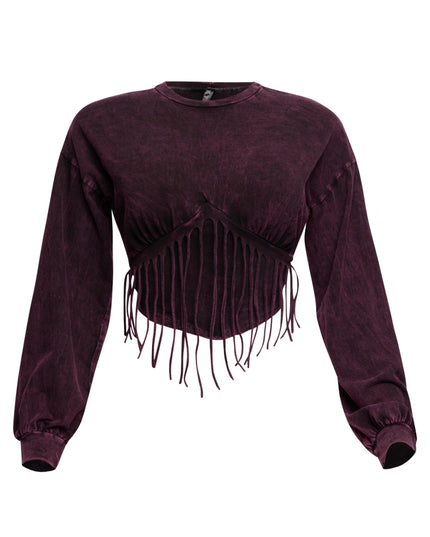 Washed fringe detailed bubble sleeve top - Muvin 
