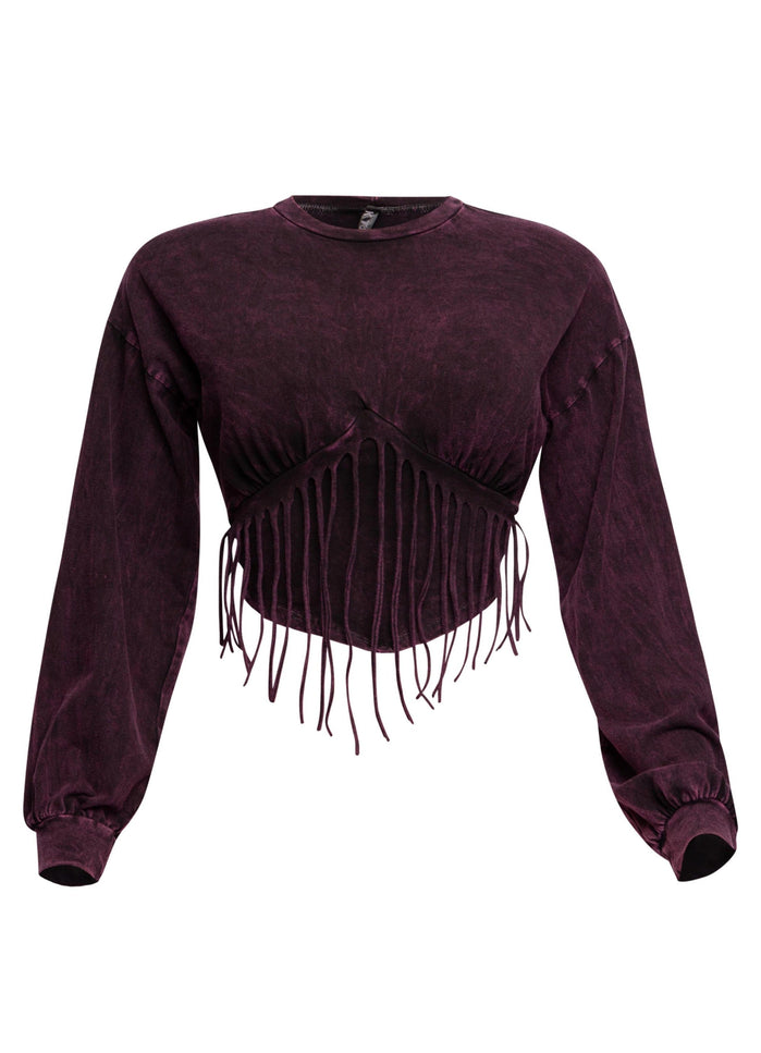 Washed fringe detailed bubble sleeve top - Muvin 