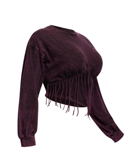 Washed fringe detailed bubble sleeve top - Muvin 