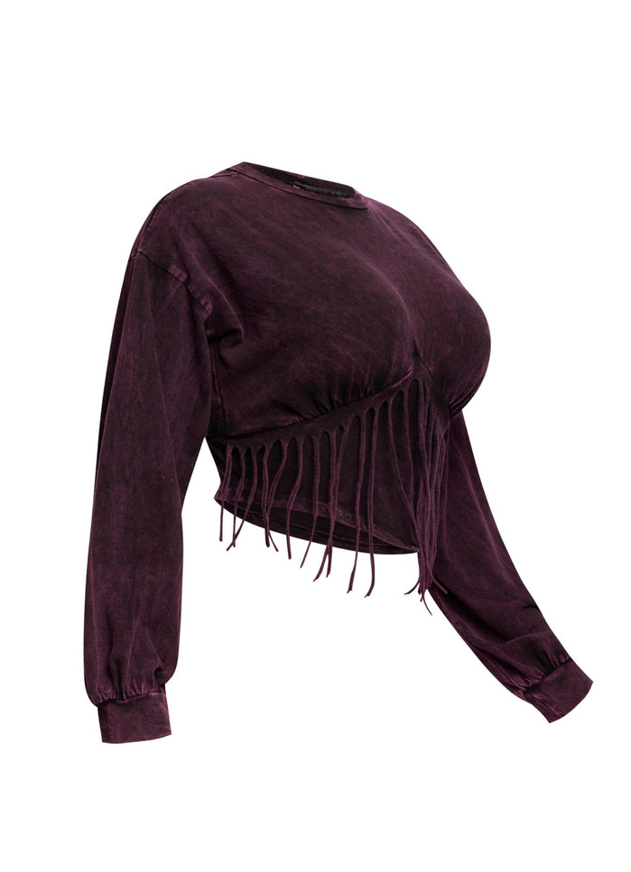 Washed fringe detailed bubble sleeve top - Muvin 