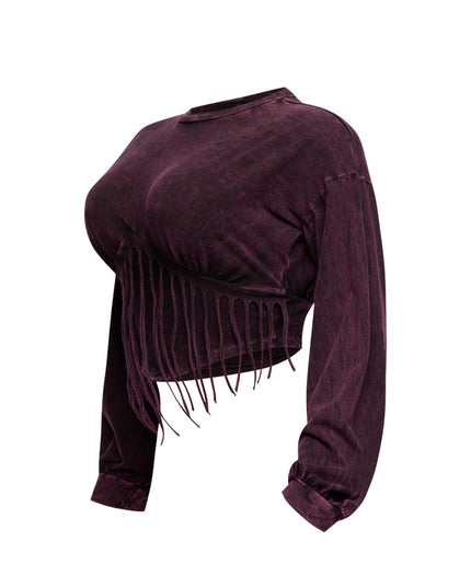 Washed fringe detailed bubble sleeve top - Muvin 