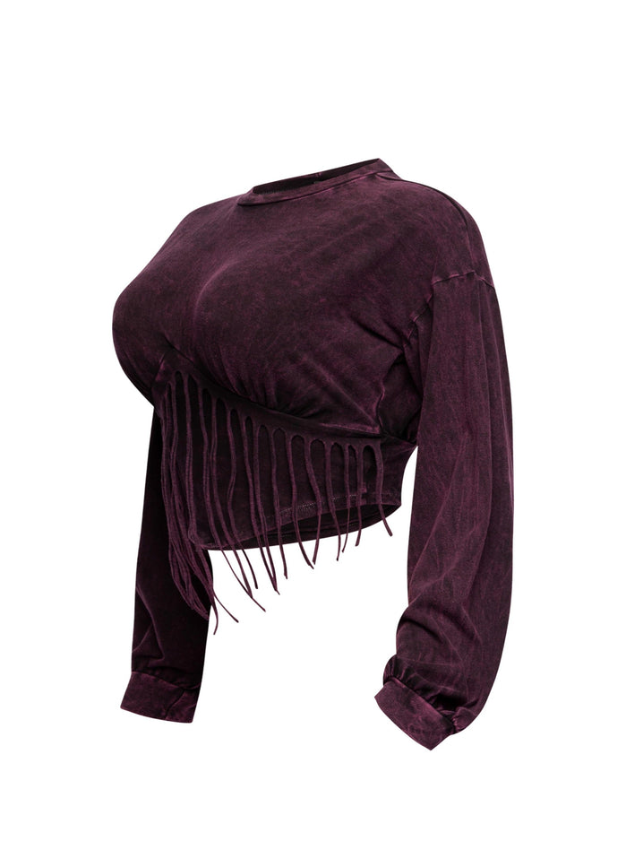 Washed fringe detailed bubble sleeve top - Muvin 