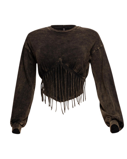 Washed fringe detailed bubble sleeve top - Muvin 