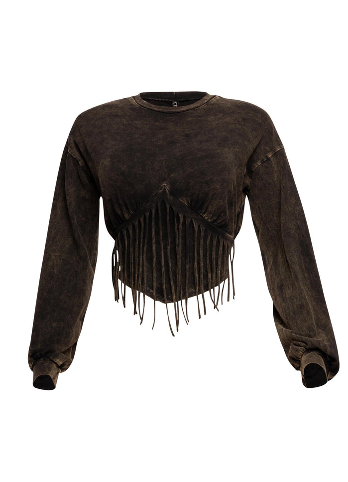 Washed fringe detailed bubble sleeve top - Muvin 