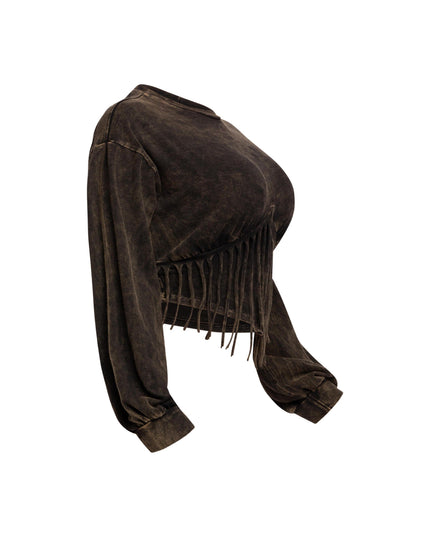 Washed fringe detailed bubble sleeve top - Muvin 