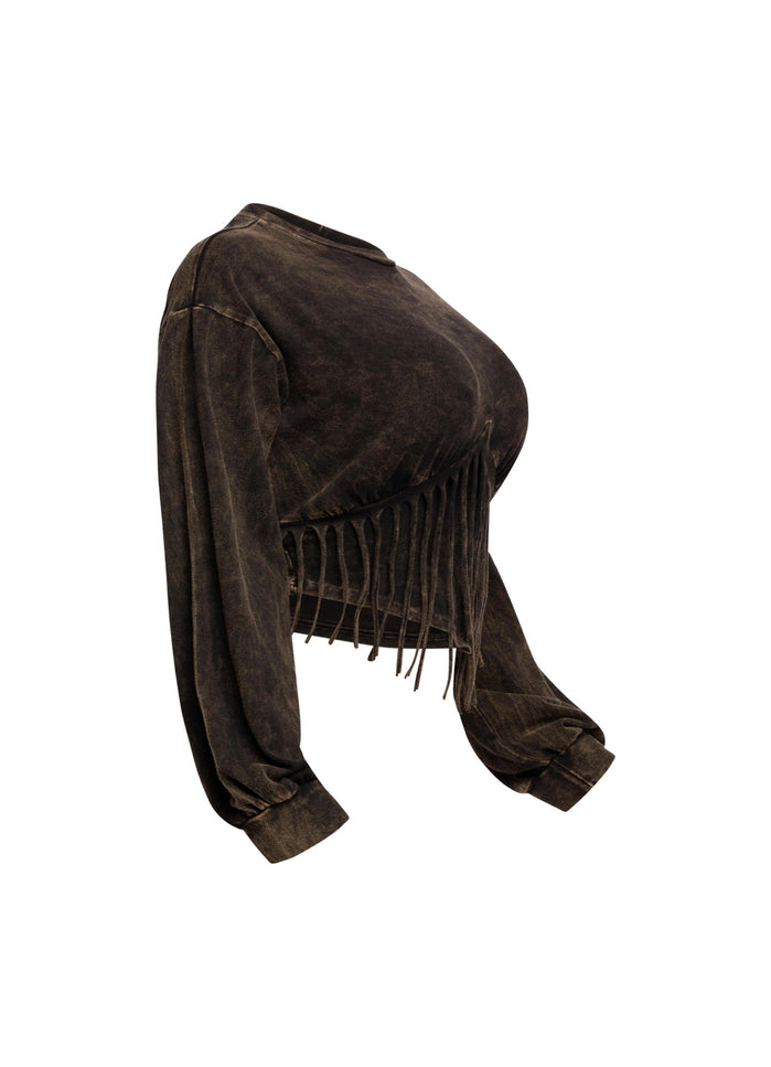 Washed fringe detailed bubble sleeve top - Muvin 