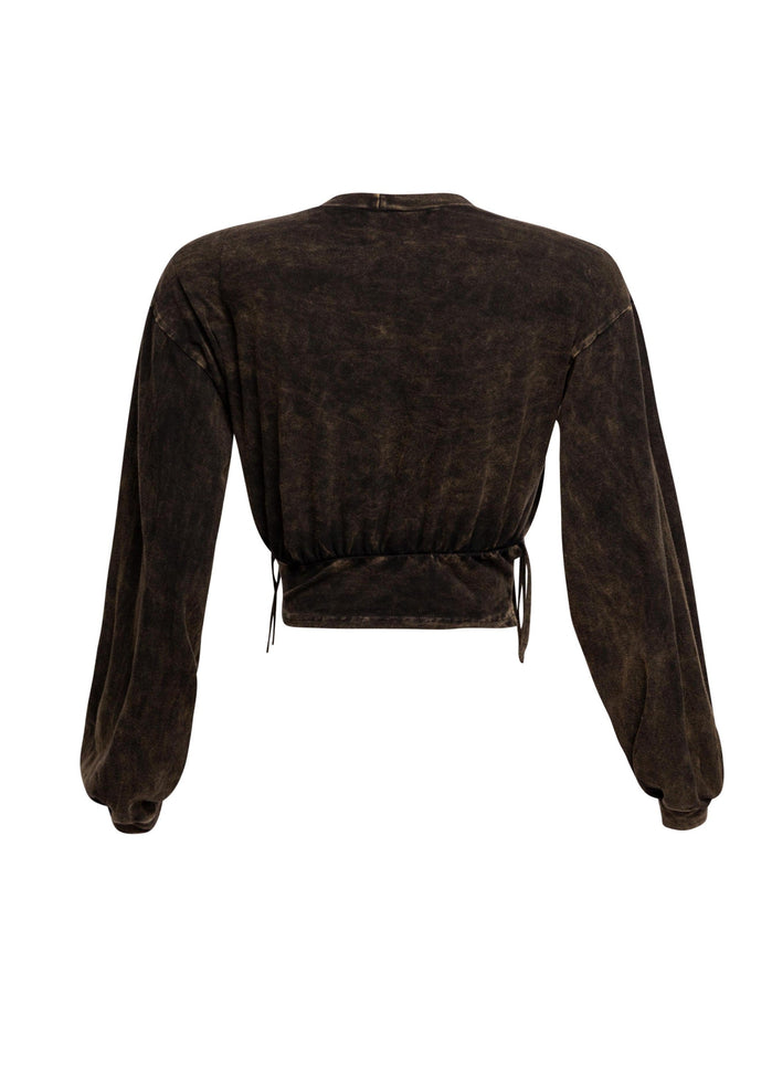Washed fringe detailed bubble sleeve top - Muvin 