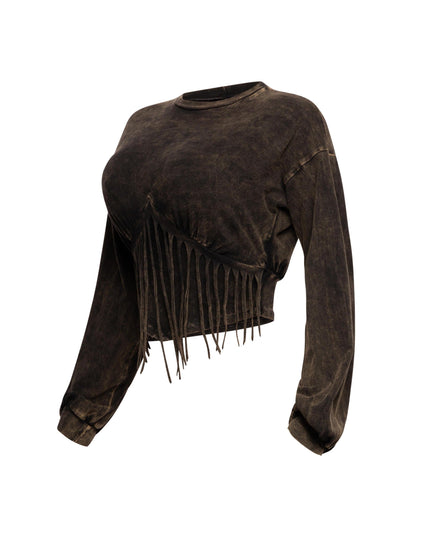 Washed fringe detailed bubble sleeve top - Muvin 