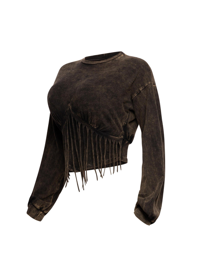 Washed fringe detailed bubble sleeve top - Muvin 