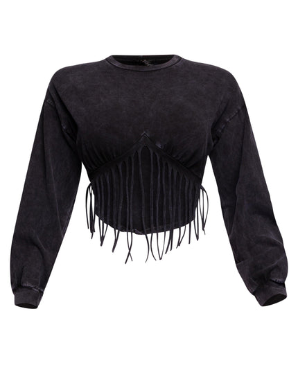 Washed fringe detailed bubble sleeve top - Muvin 