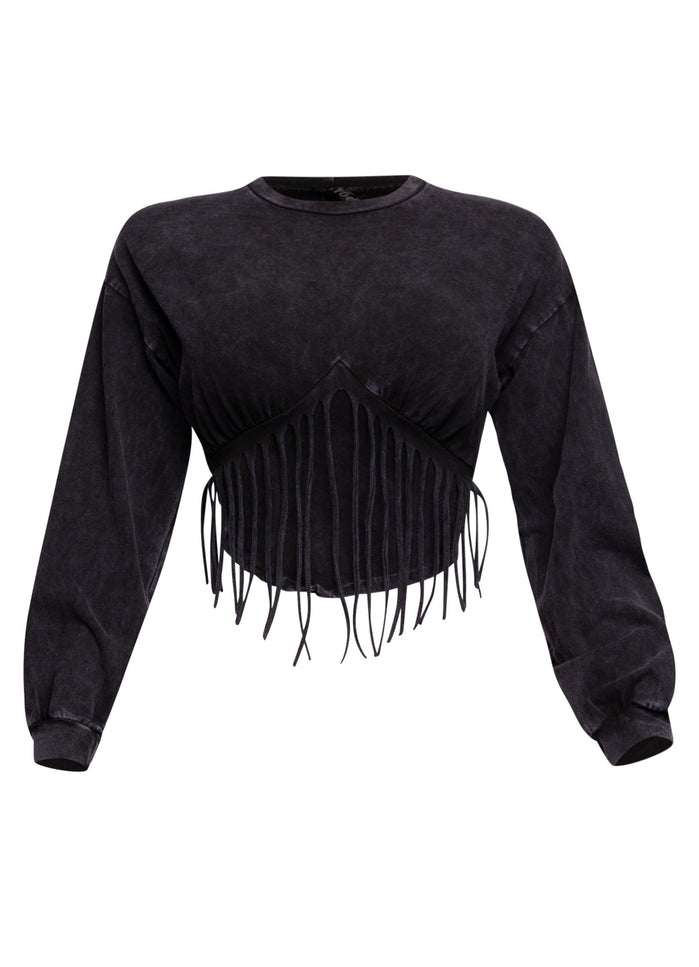 Washed fringe detailed bubble sleeve top - Muvin 