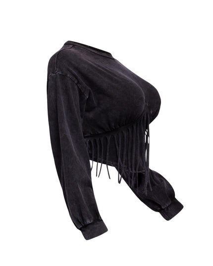 Washed fringe detailed bubble sleeve top - Muvin 