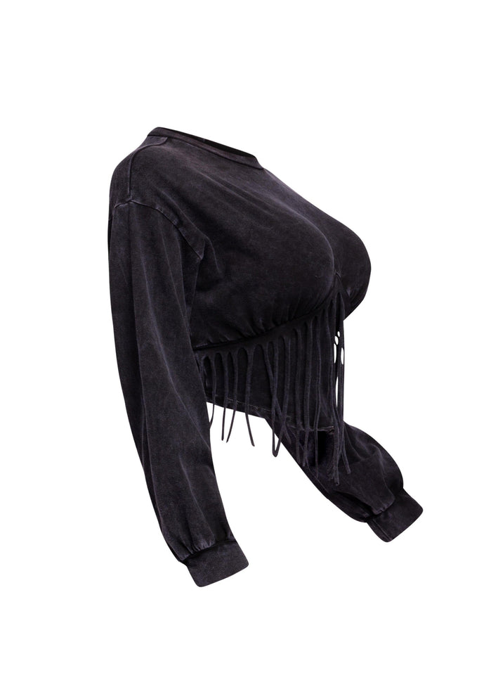 Washed fringe detailed bubble sleeve top - Muvin 