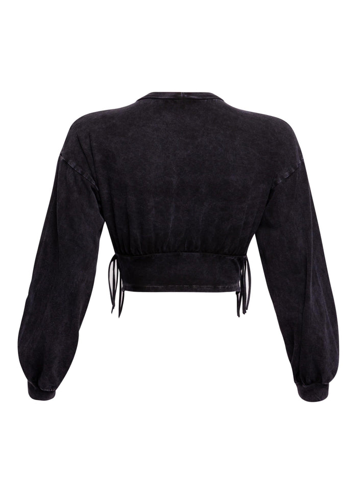 Washed fringe detailed bubble sleeve top - Muvin 
