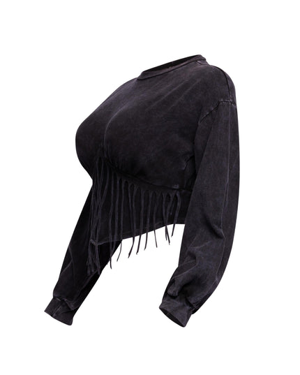 Washed fringe detailed bubble sleeve top - Muvin 