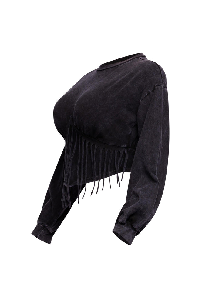 Washed fringe detailed bubble sleeve top - Muvin 
