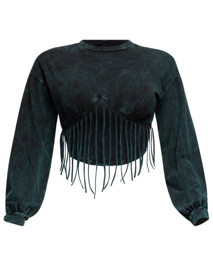 Washed fringe detailed bubble sleeve top - Muvin 