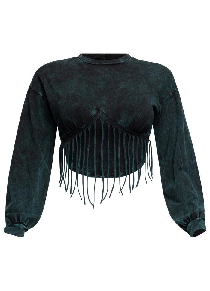 Washed fringe detailed bubble sleeve top - Muvin 