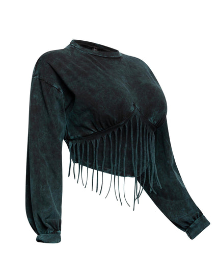 Washed fringe detailed bubble sleeve top - Muvin 