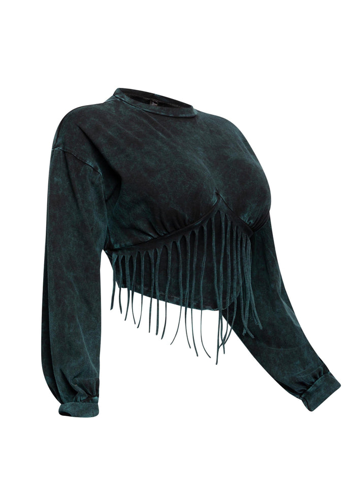 Washed fringe detailed bubble sleeve top - Muvin 