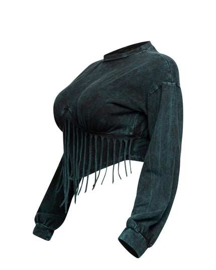 Washed fringe detailed bubble sleeve top - Muvin 