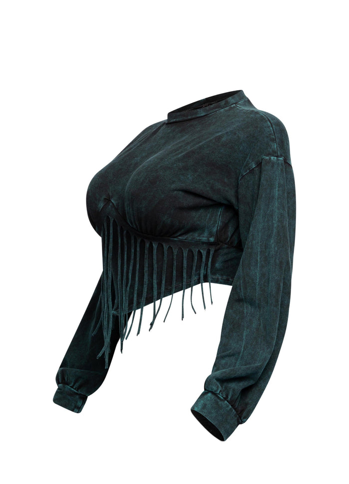 Washed fringe detailed bubble sleeve top - Muvin 