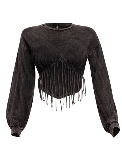 Washed fringe detailed bubble sleeve top - Muvin 