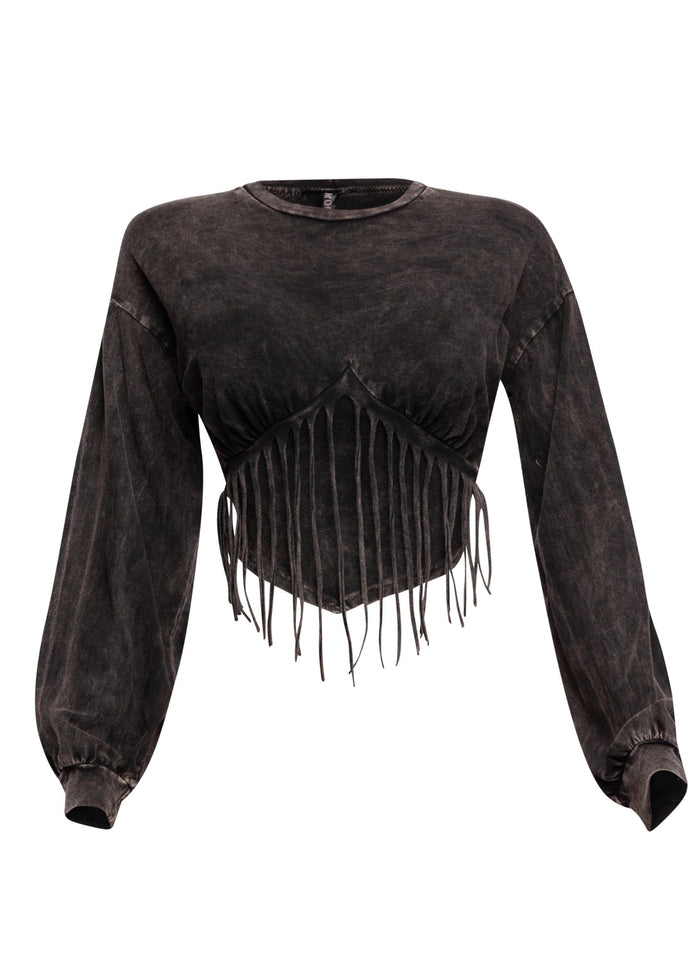 Washed fringe detailed bubble sleeve top - Muvin 