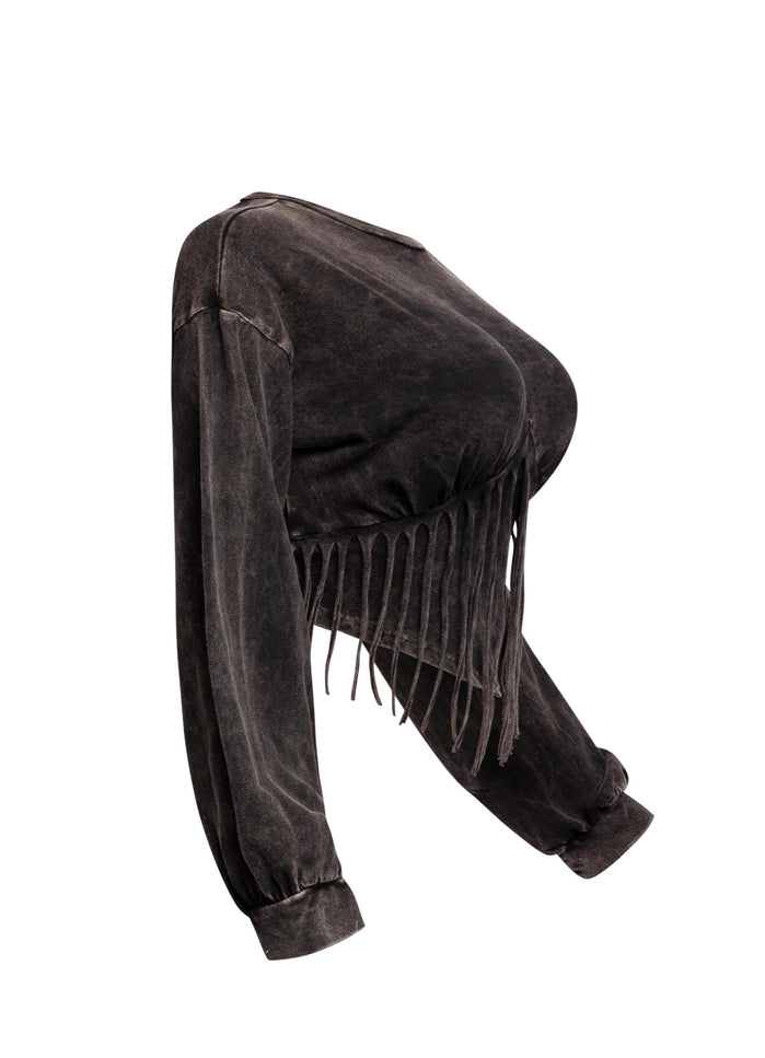 Washed fringe detailed bubble sleeve top - Muvin 