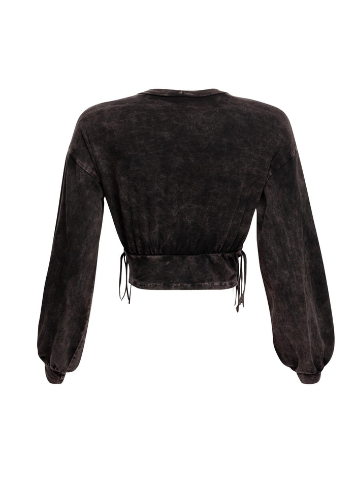 Washed fringe detailed bubble sleeve top - Muvin 