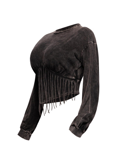 Washed fringe detailed bubble sleeve top - Muvin 