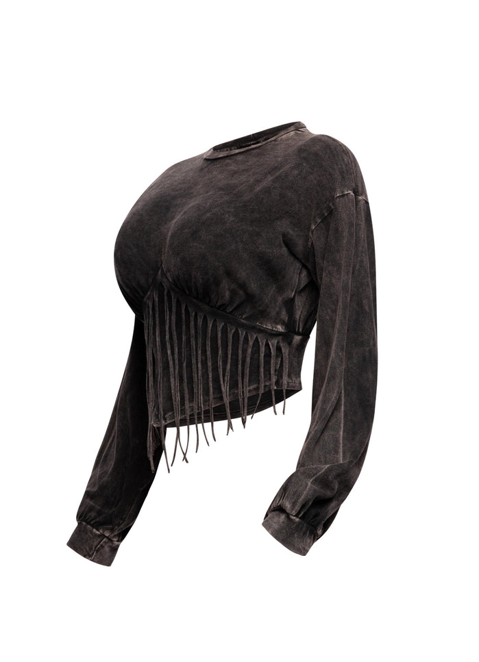 Washed fringe detailed bubble sleeve top - Muvin 