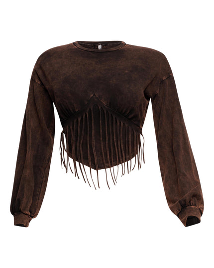 Washed fringe detailed bubble sleeve top - Muvin 