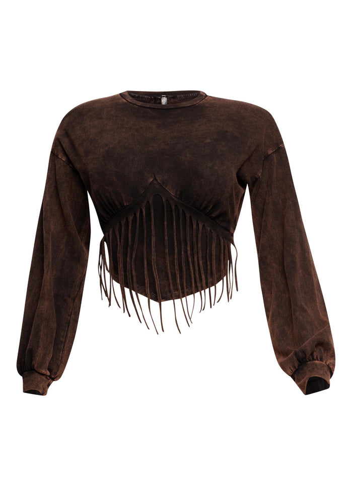 Washed fringe detailed bubble sleeve top - Muvin 