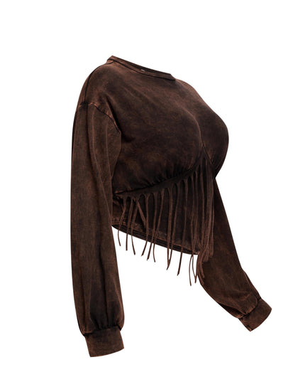 Washed fringe detailed bubble sleeve top - Muvin 
