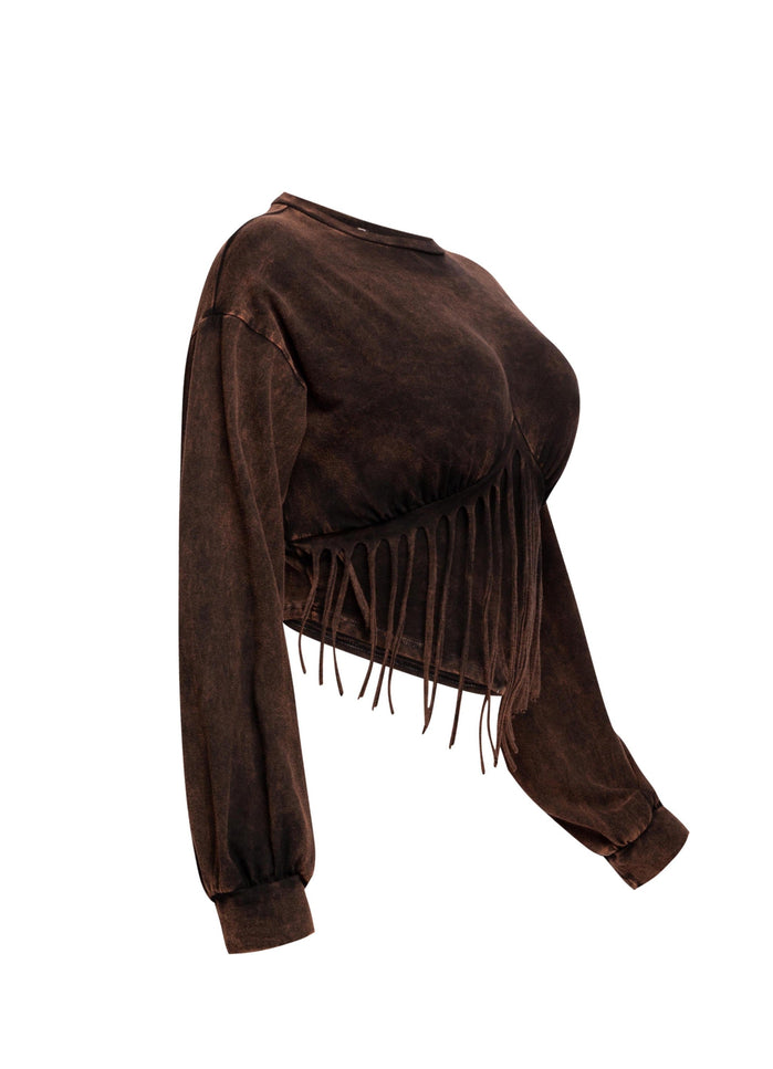 Washed fringe detailed bubble sleeve top - Muvin 