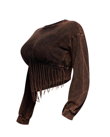 Washed fringe detailed bubble sleeve top - Muvin 