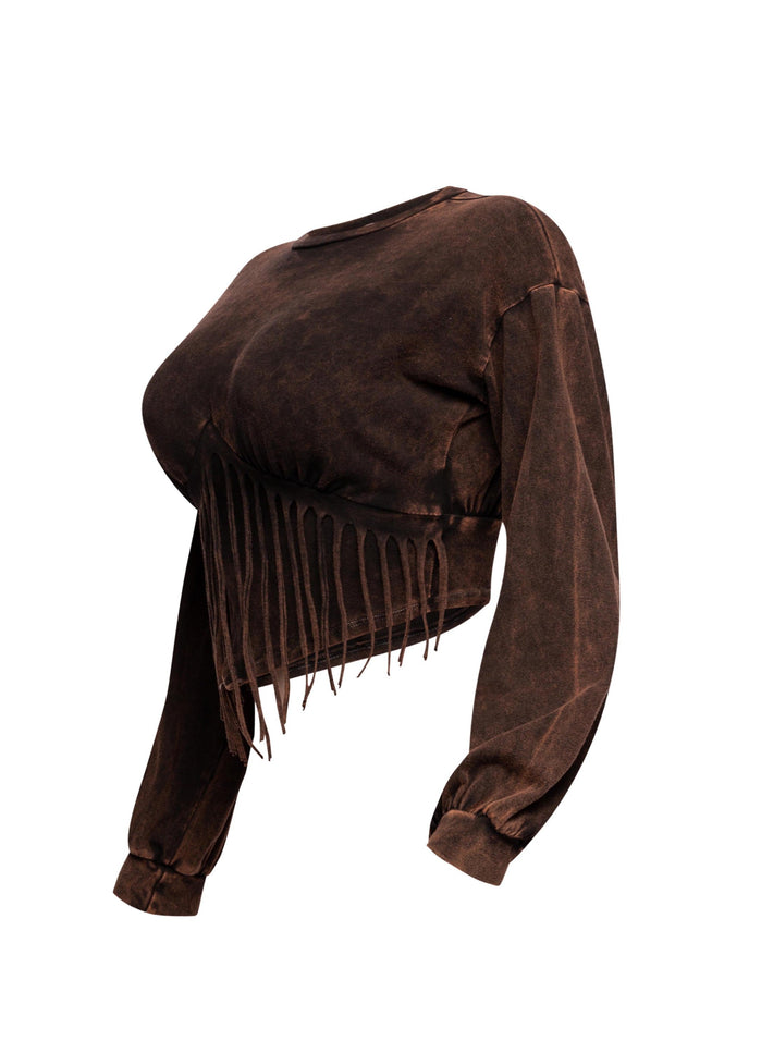 Washed fringe detailed bubble sleeve top - Muvin 