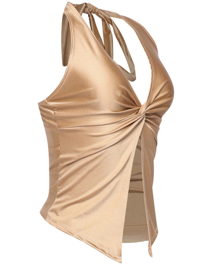 Golden yellow twisted front crop top with tied neckline